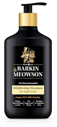 Barkin & Meowson Light Coat Brightening Dog Shampoo with Keratin, 350ml | Keratin & Plant Collagen Formula naturally brightens, hydrates & strengthens light coloured coats. Vet recommended