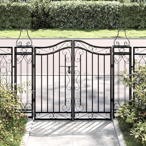 Puerta de Jardín de Hierro Forjado, Puerta Exterior Negra con Diseño Decorativo, para Vallas de Jardín, Patio o Entrada Principal, con Cerradura de Seguridad, 121 x 8 x 100 cm