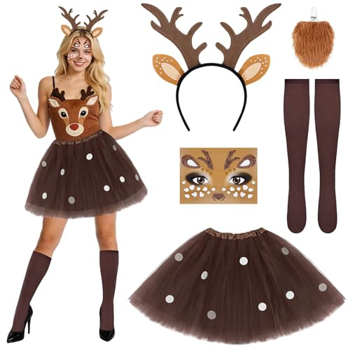 SelfTek Karneval Reh Kostüm Damen - 5 Stück Fasching Kostüm Damen Erwachsene mit RehTüllrock Haarreif Aufkleber Strumpfhosen Schwanz, Bambi Kostüm für Karneval Party Halloween