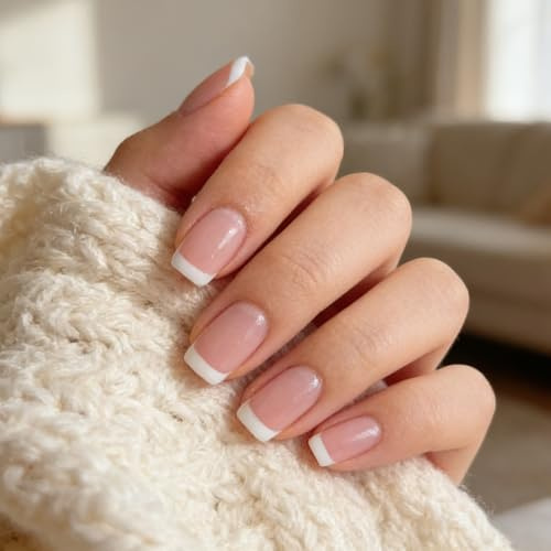 Nymora Fake Nägel French Nails Press Ons Kurz – 24 Tipps Nude Natürlich mit Weiß Tip French, Künstliche Nägel mit Nagelkleber & Feile