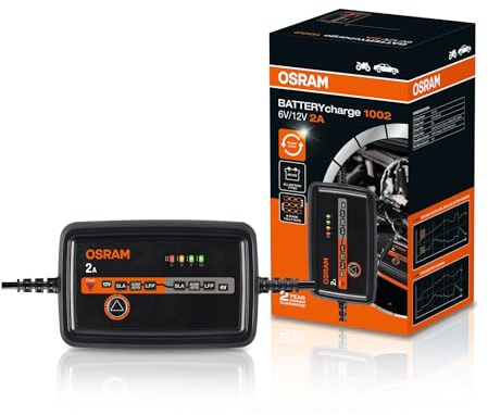 OSRAM BATTERYcharge 1002, 6V/12V, caricabatterie intelligente da 2A, per motociclette e veicoli di piccole dimensioni, per batterie AGM, EFB, al piombo e al litio, con modalità di mantenimento.