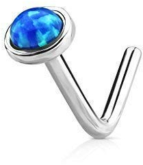 Tapsi´s Coolbodyart® Nasen Piercing Stecker Gebogen 14 K Weißgold 6mm Opal Blau
