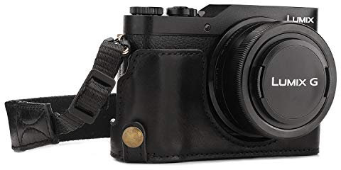MegaGear Panasonic Lumix DC-GX950, GX900, DC-GF10 Ever Ready Echtleder Kamera-Halbtasche mit Trageriemen - Schwarz