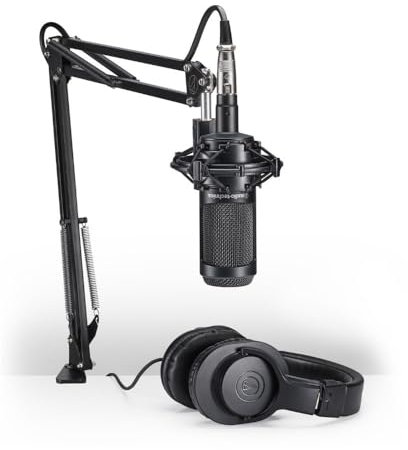 Audio-Technica AT2035PK Vocal Microphone Pack for Streaming/Podcasting, Includes XLR Mic, Adjustable Boom Arm, Shock Mount, & Monitor Headphones, Black