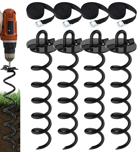 Eurmax USA Spiralpfähle, robustes Anker-Set, Eisschraubenanker für Trampolin, Zelte, Planen, Vordächer, Auto-Ports, Hunde-Spanngurte usw. Bonus-Spanngurte, 4 Stück, Schwarz