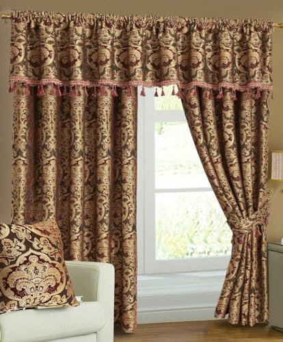 Heavy Weight Jacquard Chenille Luxury Curtain Pair Fully Lined Pencil Pleat with Matching Pelmet Tiebacks Pair Set Burgundy W 90 x L 108