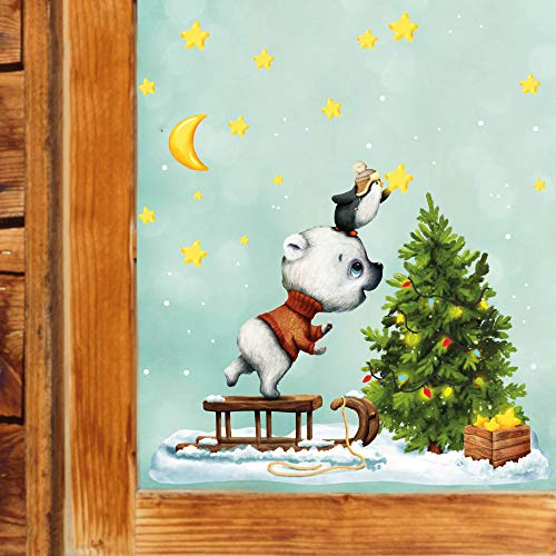 Fensterbild Weihnachten Winter Bär und Pinguin mit Sternen und Tannenbaum wiederverwendbar / A3 (30 cm x 40 cm)