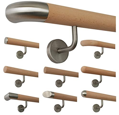 TIBU Holz Handlauf Buche unbehandelt Geländer Wandhandlauf Wand Treppe 30-500cm, Länge 500 mit 6 Halter Edelstahlbogen