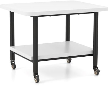 GOPLUS Druckertisch mit Arretierbaren Räder, Rollcontainer mit 2 Ablagen, Rollwagen für Schreibtisch, Drucker Ständer aus Holz, um 360° Drehbare Räder, Multifunktionswagen für Zuhause Büro (Weiß)