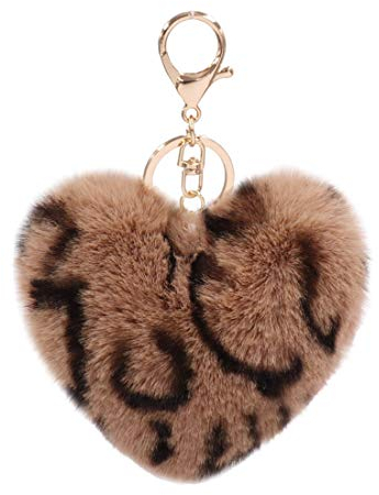 Porte-clés pour femme en fausse fourrure avec pompons en forme de cœur - - Taille S