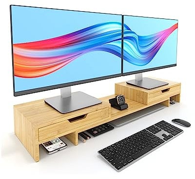 Elephance Dual Monitor Stand Riser with Adjustable Length and Angle, Bamboo Computer Riser with 2 Extra Drawers, Desk Organizer for Laptop, Computer
