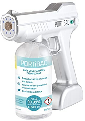 PORTiBAC Battery Powered 0% Alcohol Antibacterial Anti-Virus Eliminator Room Car Surface Sanitiser Solution Spray Gun - 800ml - Brushed Silver