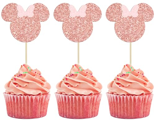 Gyufise 36 Pack Mouse Inspired Cupcake Toppers with Pink Bow Rose Gold Glitter Mini Cupcake Picks Decorations for Baby Shower Wedding Kids Birthday Party Supplies