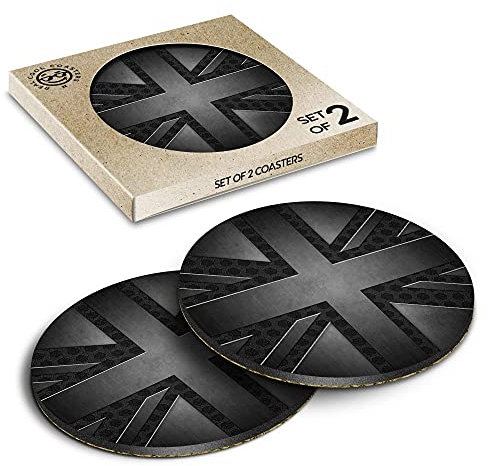 2 x Eco Boxed Cork Coasters - BW - Grunge Black British Union Jack Flag Drink Cup Mug Glass Table Mat #43004