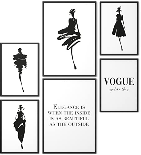 Papierschmiede® XL Mood Poster Set Coco Shapes, Bilder Wohnzimmer Deko Schlafzimmer, 2x DIN A2 (ca. 59x42) und 4x DIN A3 (ca. 30x42), Schwarz Weiß Silhouette Fashion Mode - Wandposter ohne Rahmen