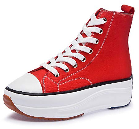 Mujer Cuñas Zapatos 35-43 EU De Lona High-Top Tacón 7 CM Zapatos Casuales Talla Grande Zapatillas de Cuña para Mujer Zapatillas de Deporte Zapatillas Altas Primavera/Verano Tacón Cuña Rojo,EU37