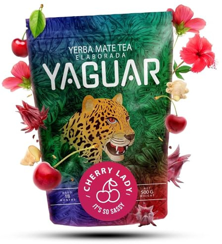 Yaguar Yerba Mate Tea Cherry Lady 0,5kg | Brazilian Yerba Mate 500g | Fruit & Herbal Tea Yerba Mate | Smoke Dried | Cherry | Hibiscus Tea | Rooibos | Ginger | Natural Energy Drink | Loose Leaf Tea