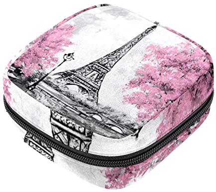 Damenbinden Aufbewahrungstasche Menstruationstasse Tasche Mädchen Reise Große Kapazität Make-up Damenbinden Organizer, Frankreich Paris Eiffelturm Rosa Bäume Ölgemälde