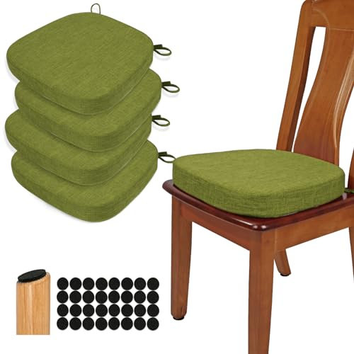 BUYUE Original Leinen verdickt Esszimmerstuhl Kissen Satz von 4, U-Form hoher Dichte Schaumstoff komfortable Stuhlpolster für Küche, rutschfest Indoor Sitzkissen (4 PCS, Grasgrün)