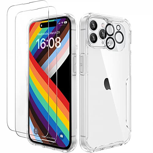 ORETECH para Funda iPhone 14 Pro Max, con [2X Protector de Pantalla][1X Cámara Protector de Pantalla] Antigolpes Antichoque Anti-Arañazos Transparente para Carcasa Fundas iPhone 14 Pro Max Case, Clara