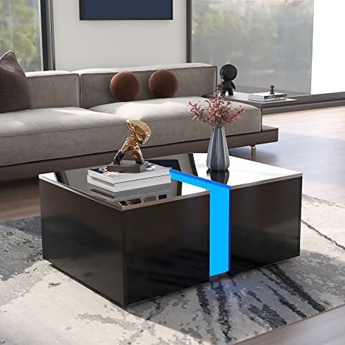 Merax Couchtisch, Moderner Wohnzimmertisch mit Fernbedienung und LED Lichter, Versenkbares Verstecktes Fach, Multifunktionaler Beistelltisch Sofatisch mit Stauräume, Hochglanz Schwarz 73 x 60 x 34cm