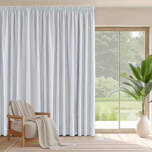 PONY DANCE Wohnzimmer Gardinen mit Kräuselband Blickdicht 1 Stück Thermo Vorhang für Große Fenster Verdunklungsvorhänge mit Röllchen für Schienen, Grau-weiß, H 260 x B 300 cm