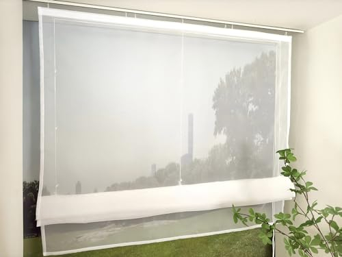 Devola Raffrollo Transparent mit Klettband Raffgardinen Modern Wohnzimmer Gardinen Einfarbig Bändchenrollo Landhaus Voile Vorhang Kurz HxB 140x140cm Weiß 1 Stück