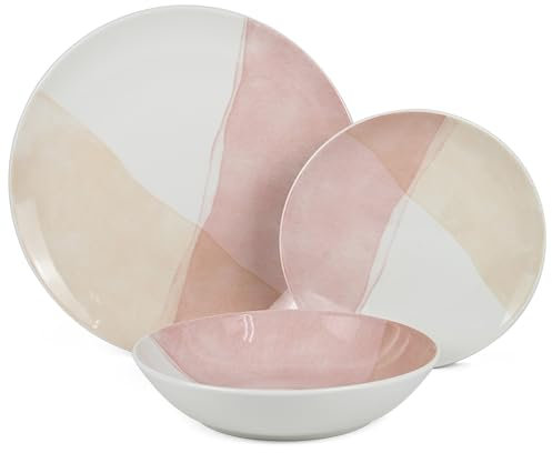 DRW Vajilla de 18 Piezas de Porcelana en Tonos Rosas 27x27x4 cm