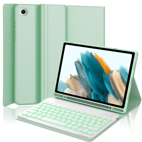 SENGBIRCH Étui Clavier pour Samsung Galaxy Tab A8 10.5'' - AZERTY Français Clavier rétroéclairé 7 Couleurs sans Fil Bluetooth pour Galaxy Tab A8 10.5 Pouces 2021 (SM-X200/X205/X207), Vert Clair