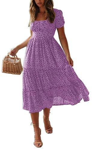 TOPLAZA Abito da Spiaggia Vestiti Casual Lungo Donna Stampa Floreale Maniche Corte Estivi,Viola,S