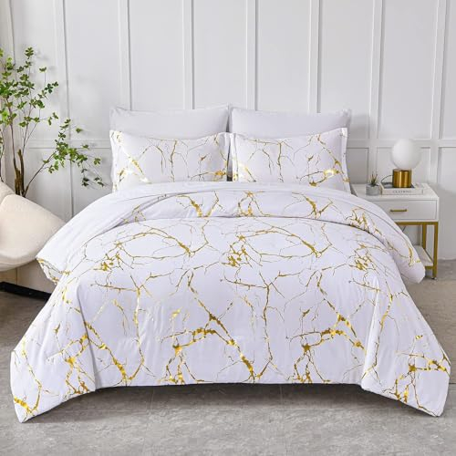 Bettwäsche 135x200 4teilig Weiß Gold Marmor Aesthetic Microfaser Bettwäsche Set Luxus Moderne Bettbezug Set mit Metallic-Glitzermuster Teenager Wendebettwäsche und Kissenbezüge 80x80