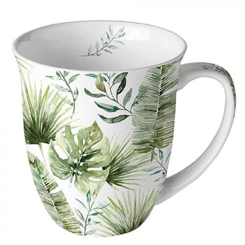 Ambiente Kaffeetasse Henkelbecher Teetasse Mug 0,4 l Fine Bone China Porzellan Exotic Blätter Urwald Serie jungle leaves