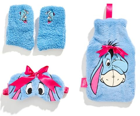 Skinnydip Disney Hot Water Bottle Gift Set - Winnie The Pooh Eeyore 3 Piece Set - Eye Mask, Fluffy Socks & Hot Water Bottle - with Cute Embroidered Detailing