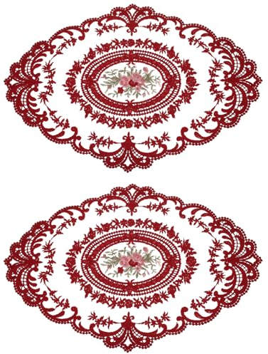 sourcing map Retro-Spitzen-Tischset, oval, bestickt, französische Häkeldeckchen, Untersetzer, Tassenmatte für Zuhause, Hochzeit, Dunkelrot