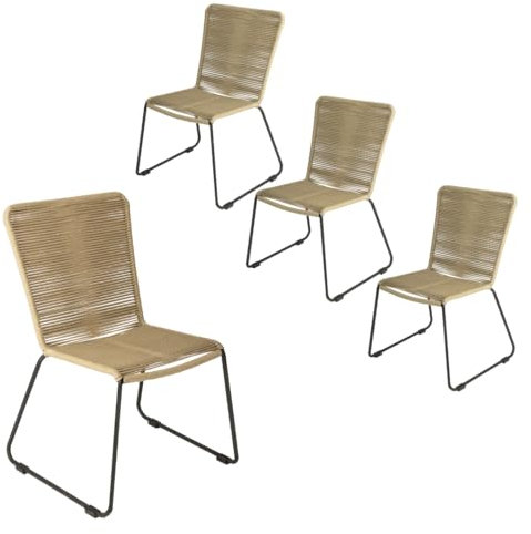 Loreno 4er Set Outdoor Seilstuhl ISRA – Stapelbare Gartenstühle mit Grauer Seilbespannung aus Polyester & schwarzem Eisen-Gestell – Modernes Rope Chair Design für Garten, Balkon & Terrasse, Taupe