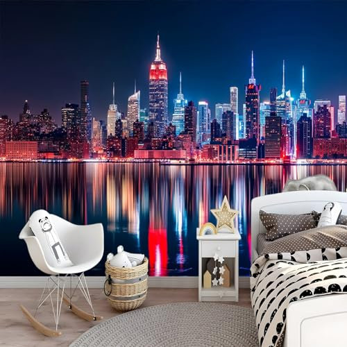Art Fototapete Skyline Von New York City Nachtszene Tapete 350 x 256 cm Empire State Building Vlies Tapeten Moderne Wandtapete Wohnzimmer Schlafzimmer Study Wohnzimmer Restaurant Cafe Dekoration