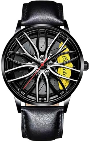 rorios Mode Herrenuhren Analoge Quarz Armbanduhr Car Hub Design Uhren Cool wasserdichte Uhr mit Leder Armband für Männer Gelb C