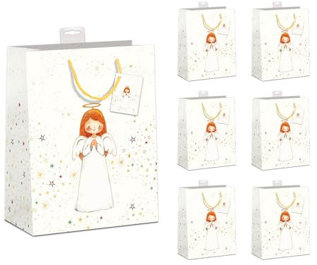 PremiumLine Geschenktüten Weihnachten MEDIUM, 6 Stück | DIN A5, mit Trage-Griff & Namenskarte | Geschenktaschen Weihnachten Mittel, Weihnachtstüte | Weihnachtsengel, 18x23x10cm