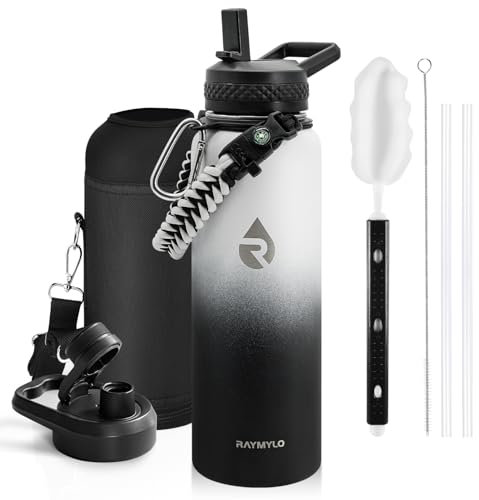 RAYMYLO Insulated Water Bottle 40 oz, Triple Wall Vacuum Stainless Steel (Cold for 48 Hrs), Leak Proof & Non-BPA, Modern Water Flask Jug with Paracord Handle & Straw Spout Lids, Ombre: White/Black