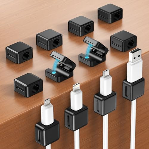 aceyoon 12 Pièces Range Cable Bureau, Cable Management Magnétique Clips Cable Auto-adhésifs Organisateur du Cable pour Table de Nuit, Câbles D'alimentation, Câbles HDMI, USB, Audio (Noir, 7mm)