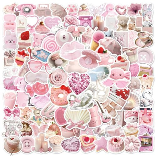 PRETTYSUNSHINE Sticker Set 200 Stück, Kawaii Coquette Aufkleber Aesthetic Rosa Sticker für Auto Fahrrad Journal Scrapbook Koffer Helm Laptop Skateboard Motorrad Wasserfest Decals Stickerbomb
