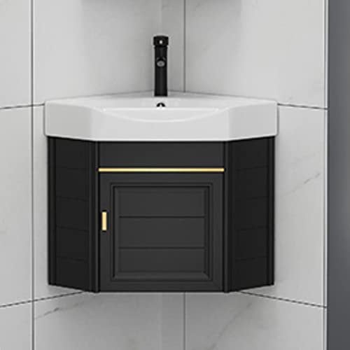 Moderno mueble de baño de esquina pequeño con fregadero montado en la pared, diseño de lavabo de mano con almacenamiento, de cerámica, lavabo, combo de grifo de agua caliente y fría para el hogar y el