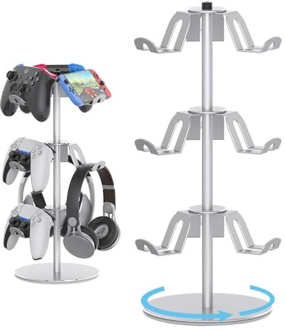 DGPCT Controller Stand Compatible with Xbox PS5 PS4 Nintendo Switch Pro, 3 Tier Aluminum Gaming Headset Stand, Rotatable Headphone Controller Holder Organizer Rack, Universal & Large Capacity, Silver
