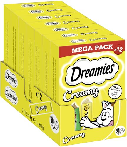 DREAMIES Creamy mit Katzenminze und Käse, 7x12x10g Multipack - Cremige Katzenleckerlis für verwöhnte Katzen