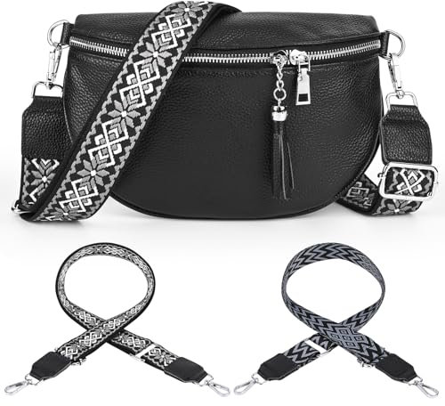 Gerbala Bauchtasche Damen Leder, Kleine Damen Umhängetaschen, Leder Handy Umhängetasche Echtes Crossbody Bag mit 2 Breitem Schultergurt Kartenhalter für Reisen Einkaufen Arbeiten (Schwarz)