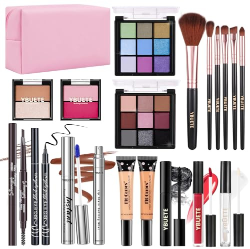 YBUETE Full Makeup Kit for Beginners Girls Women,Travel Cosmetic Set, Makeup Set Present for Her Include Eyeshadow Blush Lip Gloss Peel Off Lip Stain Eyeliner Mascara Eyebrow Pencil Cosmetic Bag