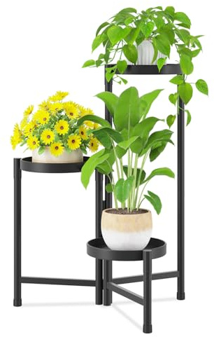 iDavosic.ly Pflanzenständer für drinnen und draußen, 3 Etagen, Eckregal, Metall, Blumenständer, zusammenklappbar, hoch, Orchideenregal für Terrasse, Balkon, Veranda, Garten, Wohnzimmer, Haus, Schwarz
