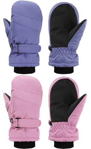SATINIOR 2 Pairs Kids Snow Mittens Waterproof Winter Ski Gloves Warm Thicken Snow Gloves for Girls Boys(8-12 Years,Pink,Purple)