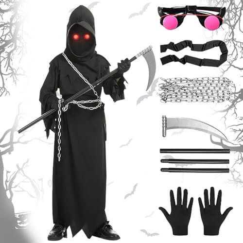 Halloween Grim Reaper Costume Kids Adults, 7 Pcs Halloween Costumes Grim Reaper Set with Grim Reaper Scythe, Glowing Eyes, Chain, Gloves and Belt Scary Reaper Costume for Halloween Cosplay Party
