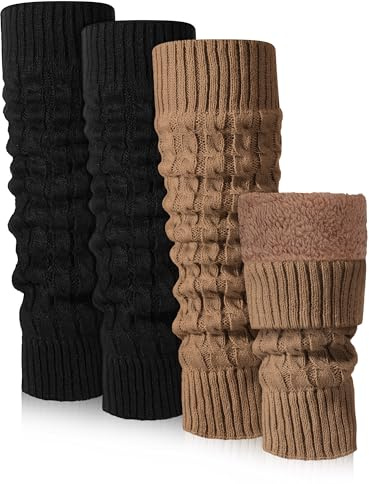 Shihanee 2 Pairs Winter Fleece Lined Leg Warmers for Women Warm Long Boot Socks Knit Thick Calf Warmers for Skating Walking(Black, Dark Khaki,Cable Knit)
